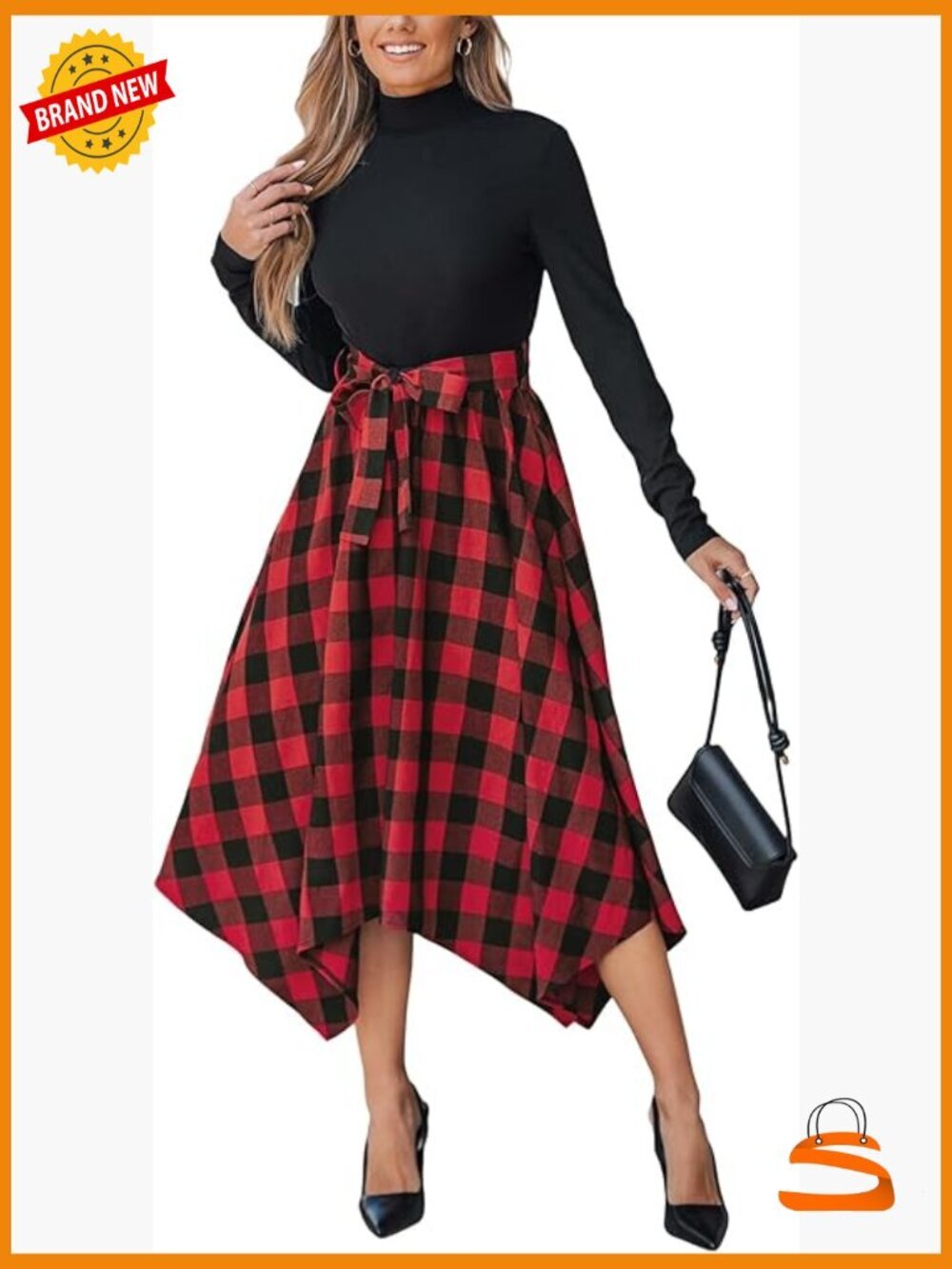 Plaid Mock Neck Midi Dress with Pockets Long Sleeve Belted A-Line